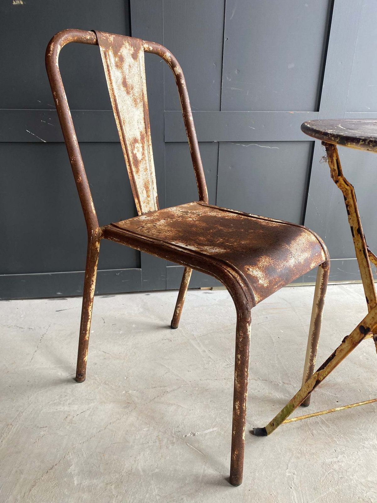 French Table And 2 Tolix Metal Chairs