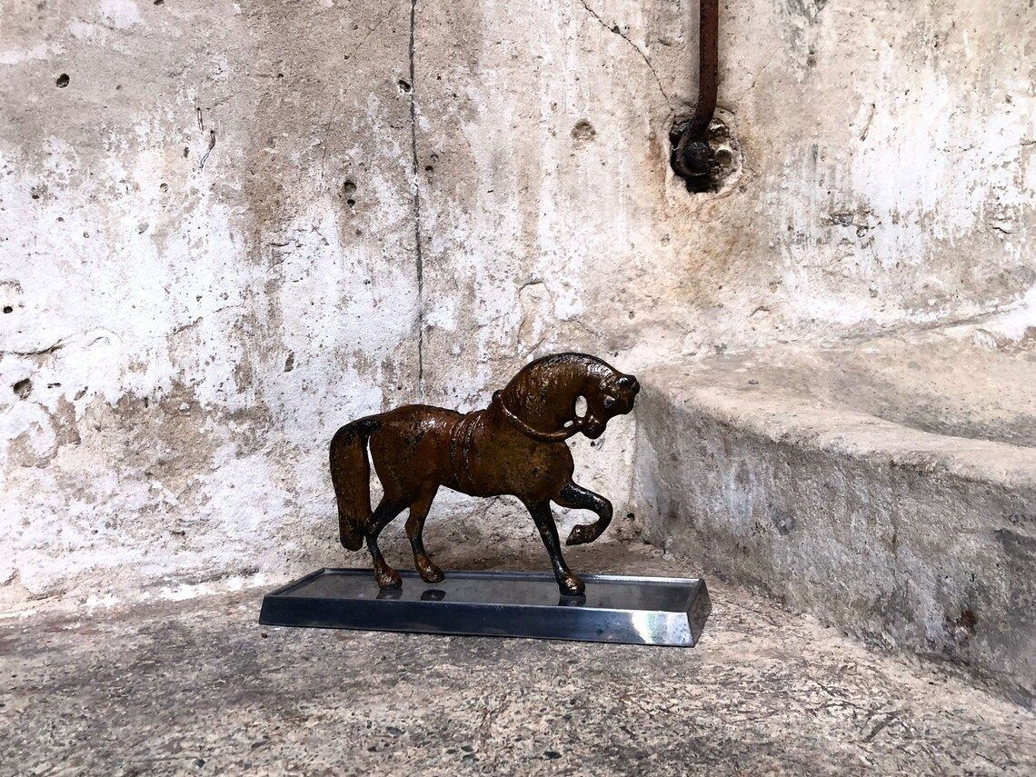 Antique Painted Rustic Metal Horse Statue On Stand photo vintage