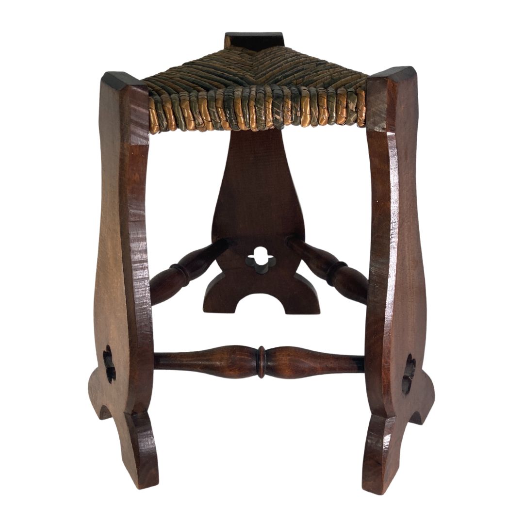 Pair Of Brutalist Neo Gothic Rush Oak Tripod Stools, France Ca 1960s photo buy