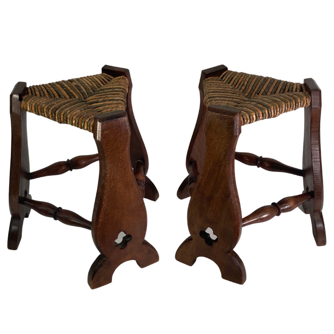 photo for sale Pair Of Brutalist Neo Gothic Rush Oak Tripod Stools, France Ca 1960s