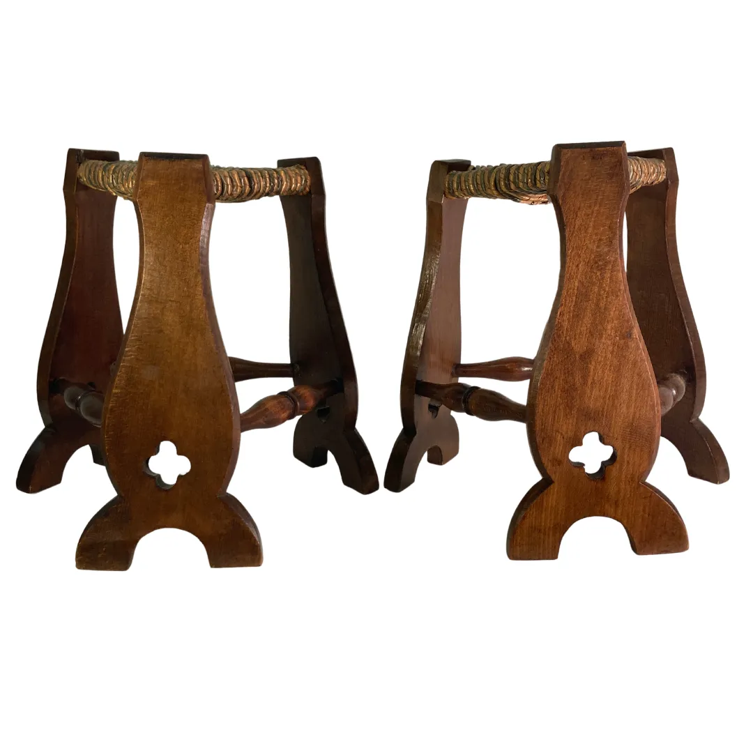304.72 Pair Of Brutalist Neo Gothic Rush Oak Tripod Stools, France Ca 1960s photo