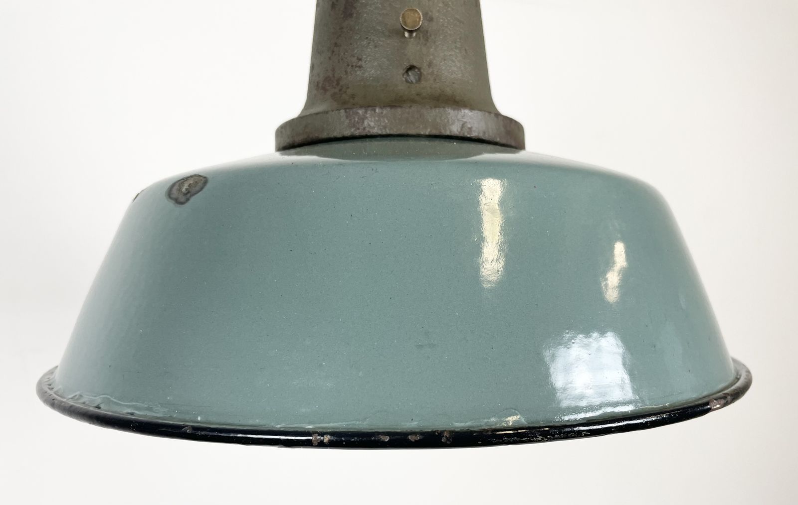 Industrial Petrol Enamel Factory Lamp With Cast Iron Top, 1960s photo vinterior