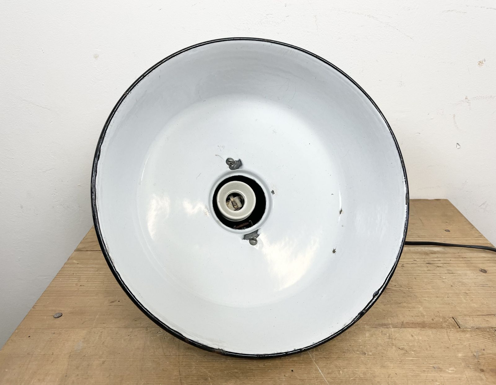 Industrial Petrol Enamel Factory Lamp With Cast Iron Top, 1960s photo vintage