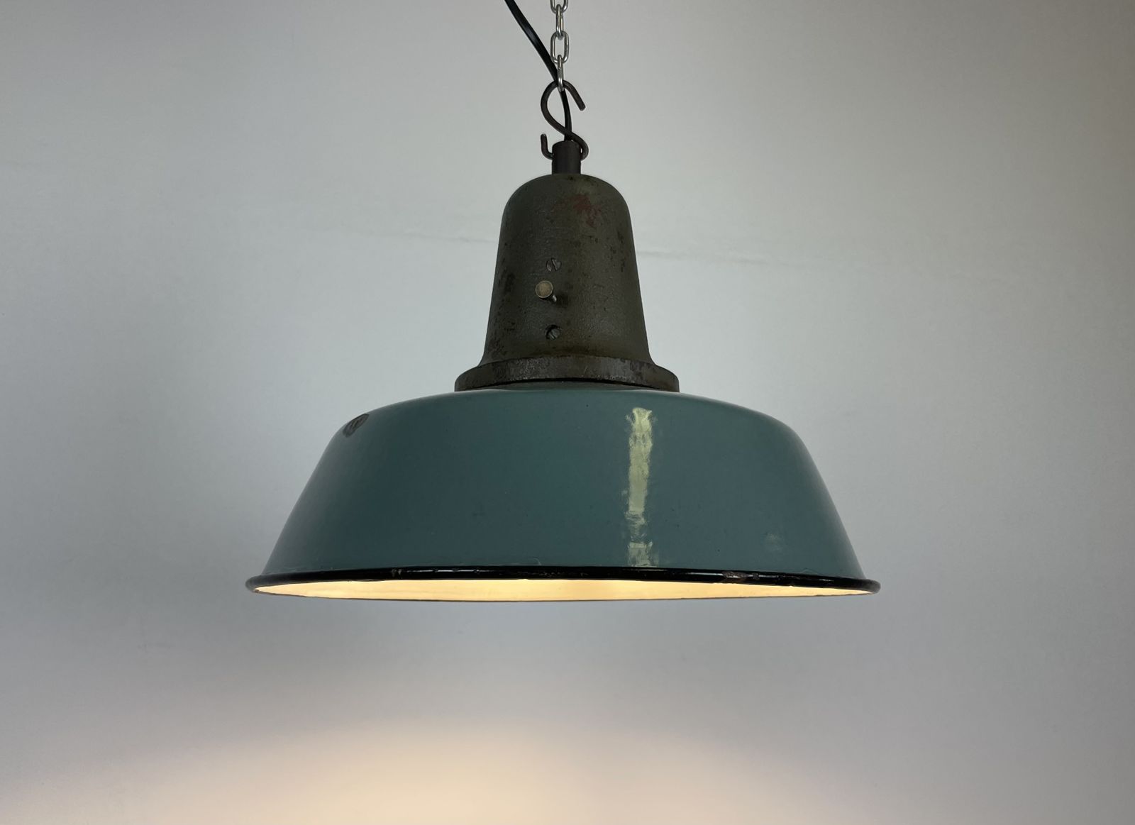 Lighting Industrial Petrol Enamel Factory Lamp With Cast Iron Top, 1960s photo
