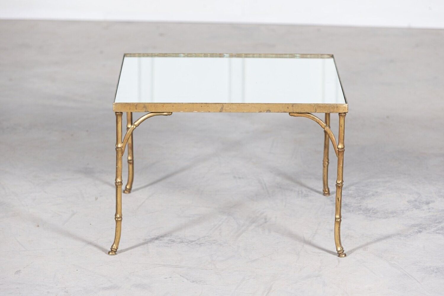 1553.0 French Mid Century Gilt Bronze Faux Bamboo Mirror Top Side Table photo