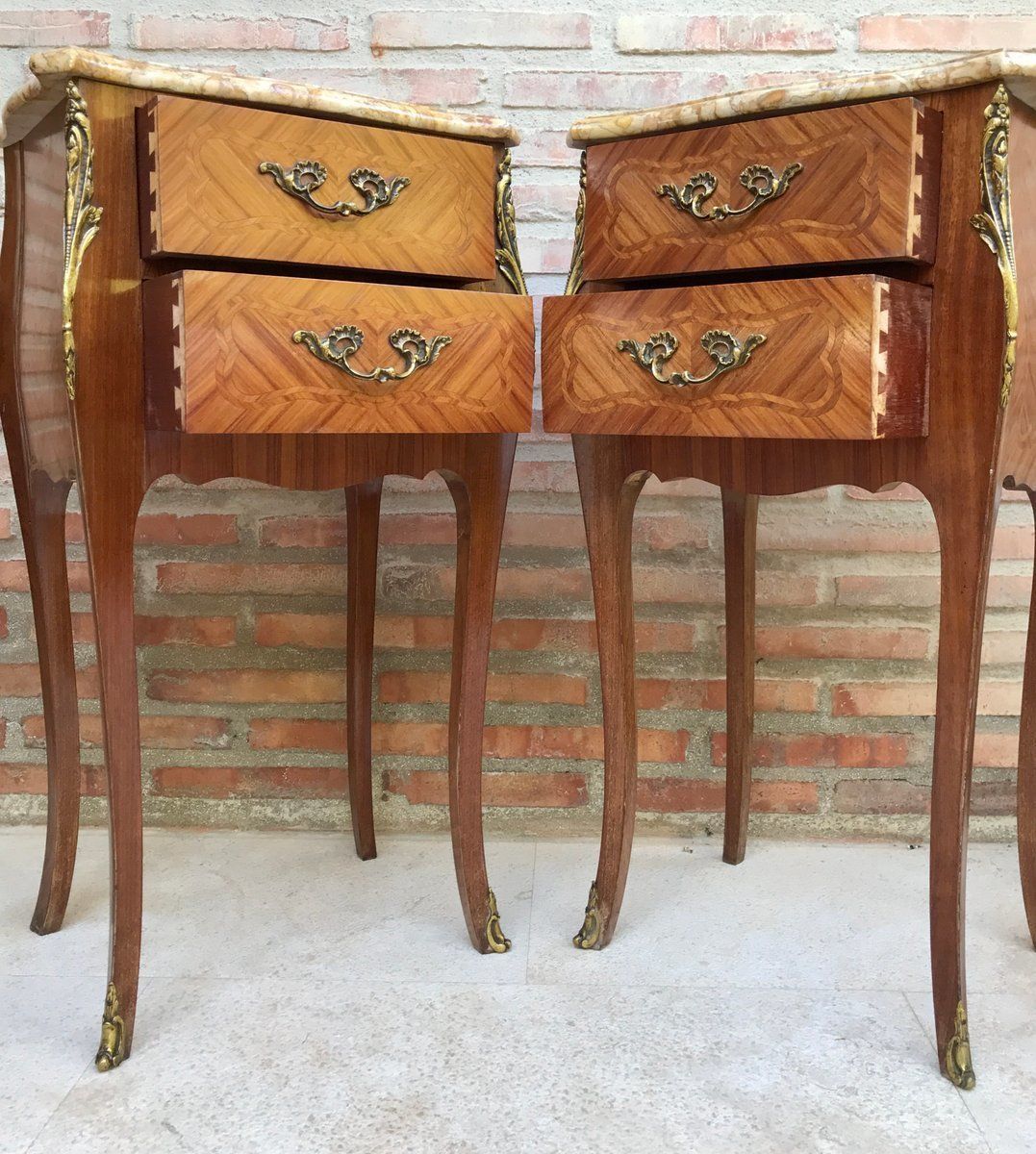 Antique Louis XV French Marquetry Marble Top Nightstands, Set Of 2 photo 3167.0