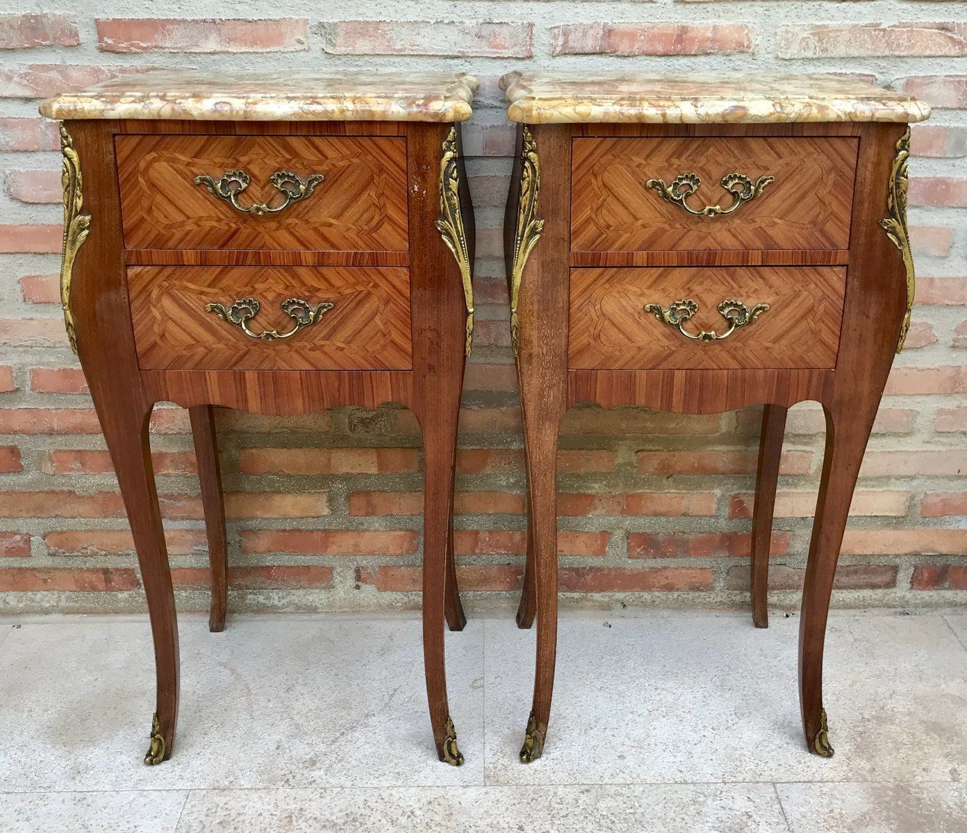 Antique Louis XV French Marquetry Marble Top Nightstands, Set Of 2 photo vinterior