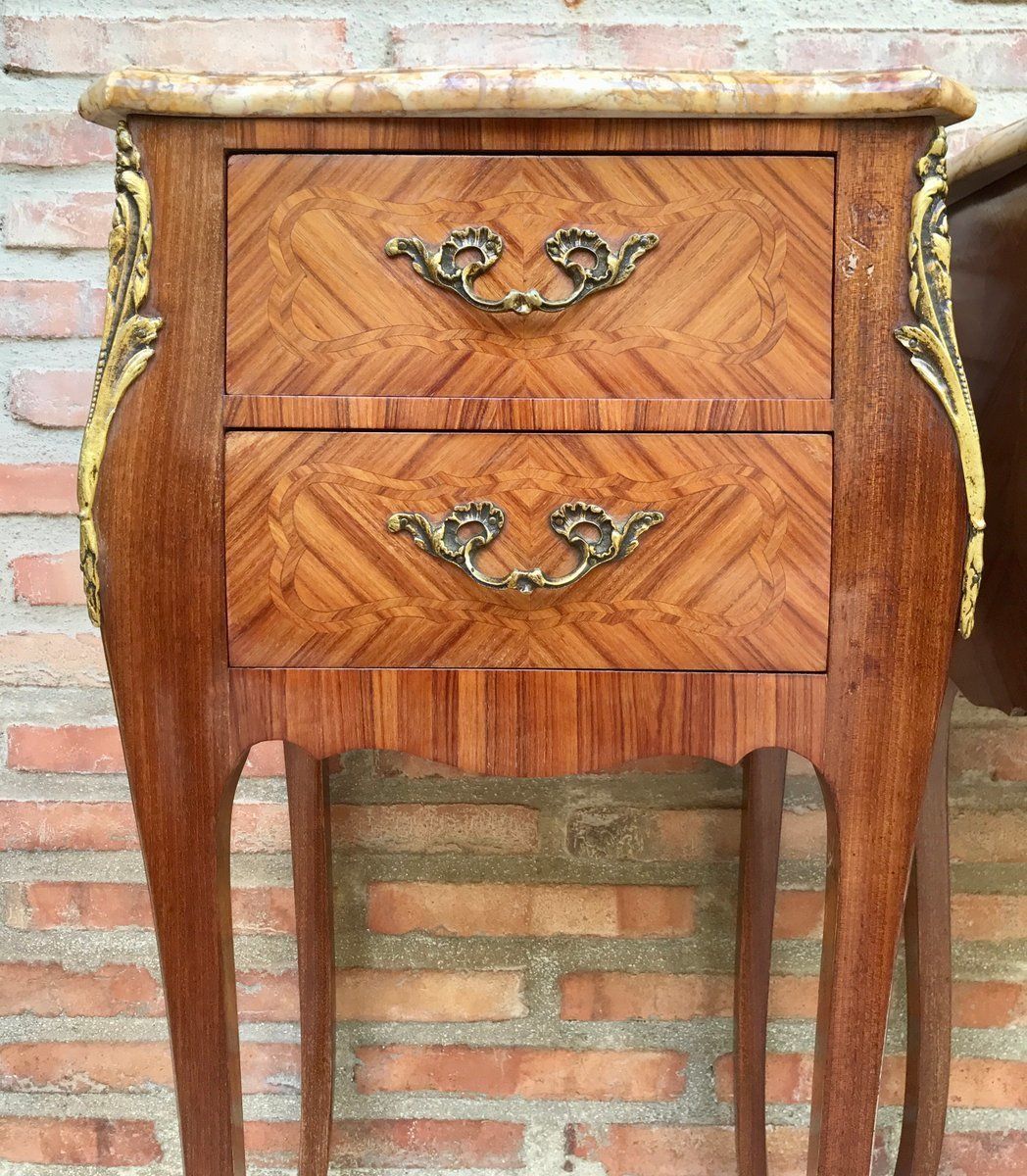 photo furniture Antique Louis XV French Marquetry Marble Top Nightstands, Set Of 2