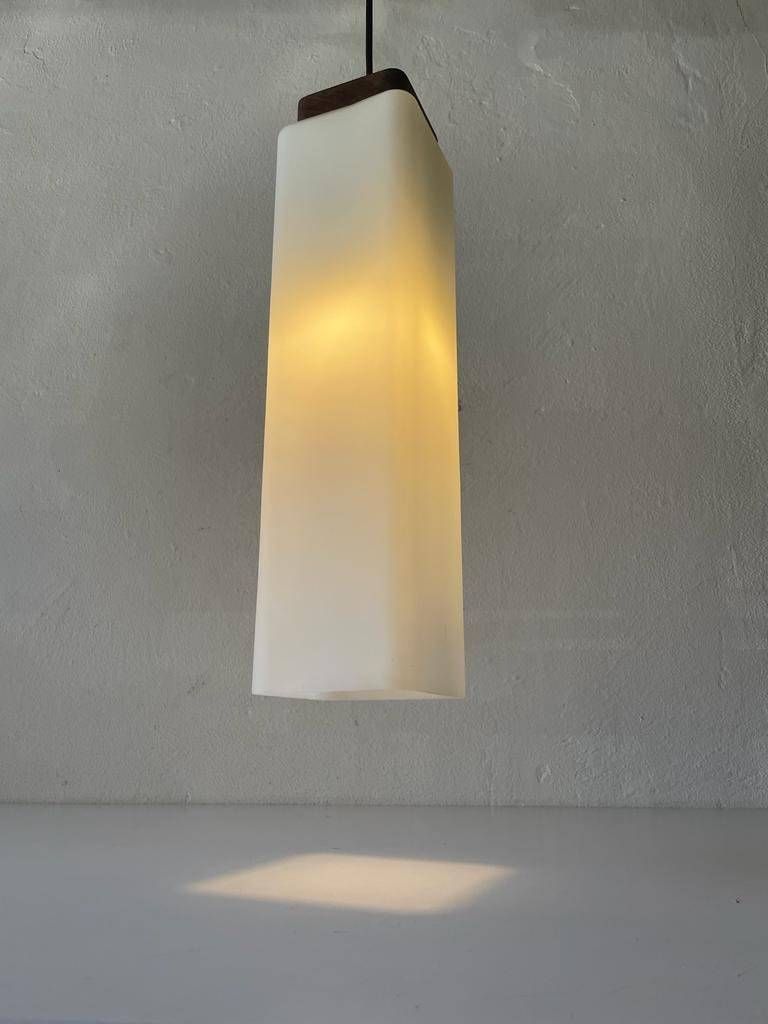 Italian Modern Square Prism Opal Glass And Wood Top Pendant Lamp, 1960s, Italy photo buy