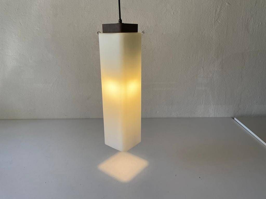 photo for sale Italian Modern Square Prism Opal Glass And Wood Top Pendant Lamp, 1960s, Italy