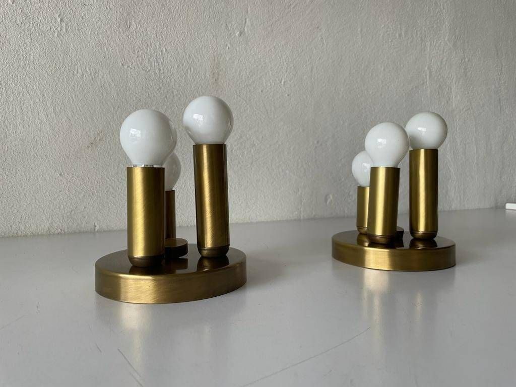 Rare Space Age Antique Gold Metal Triple Tube Mini Pair Of Ceiling Lamps By Tz, 1960s, Germany