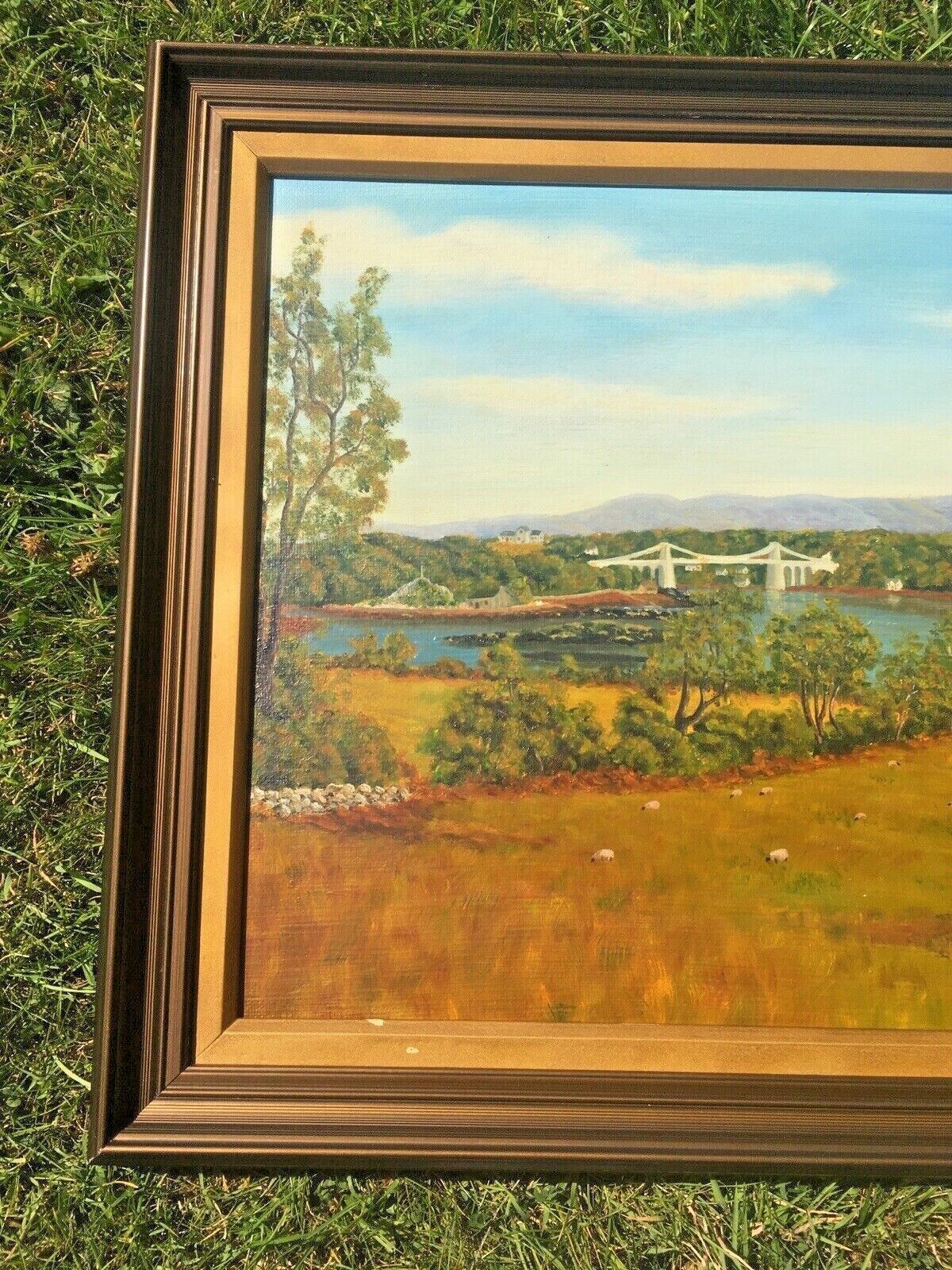 Huge 4ft Original Framed Oil Painting Menai Britannia Bridge Anglesey Snowdonia photo furniture
