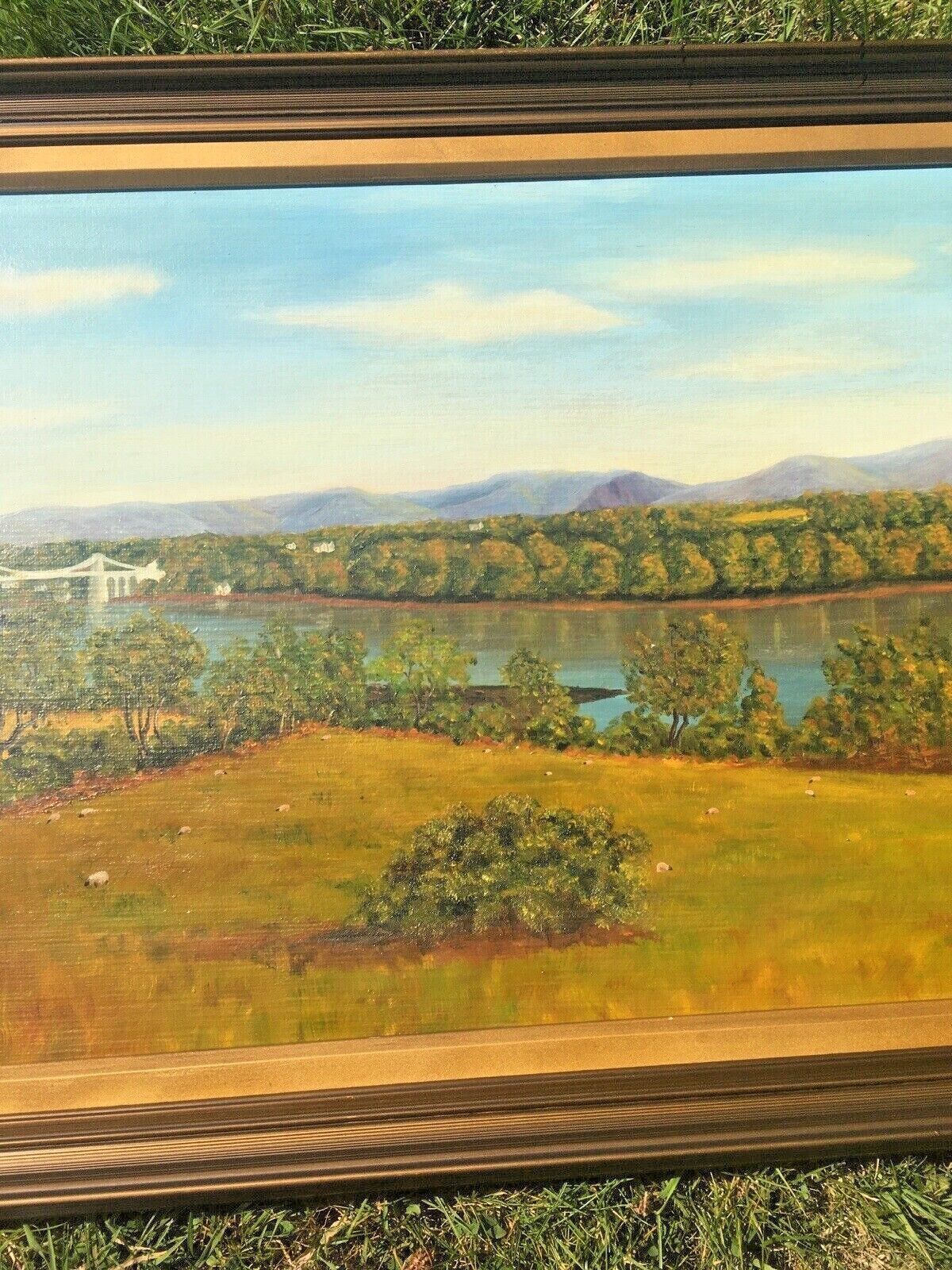 Huge 4ft Original Framed Oil Painting Menai Britannia Bridge Anglesey Snowdonia photo for sale