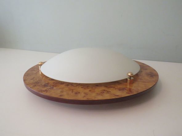 Vintage Ceiling Lamp, Glass And Faux Burlwood, Spain 1970 photo vintage