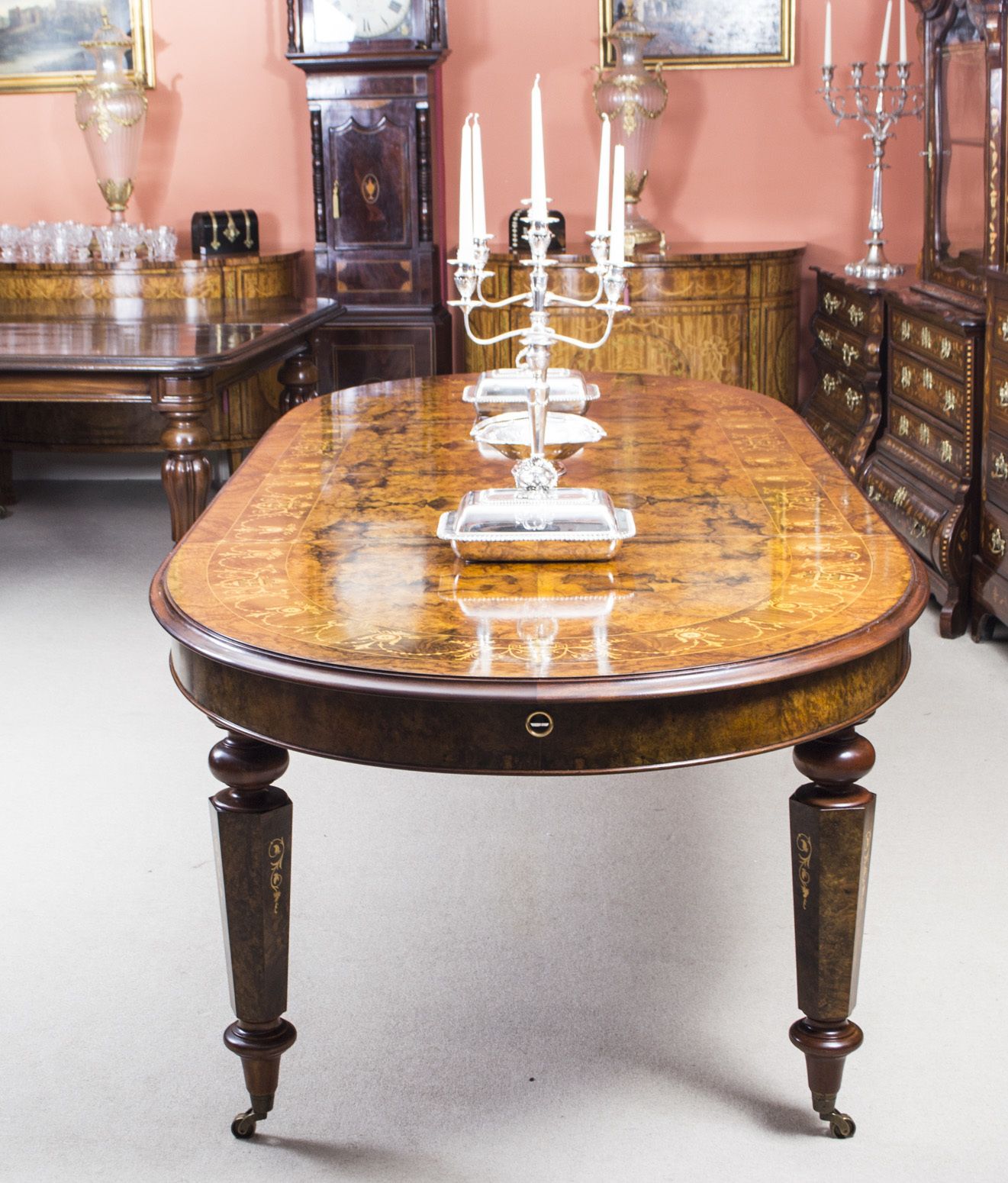 Stunning Burr Walnut Marquetry Dining Table 10 Chairs photo 9500.0