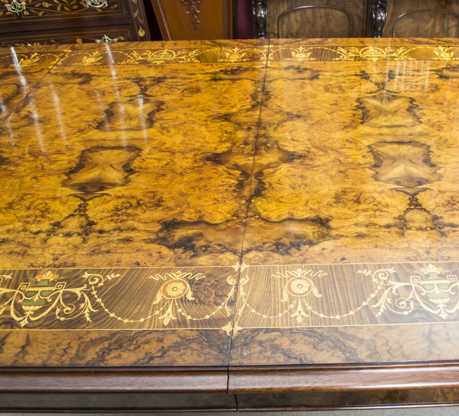 Stunning Burr Walnut Marquetry Dining Table 10 Chairs photo vintage