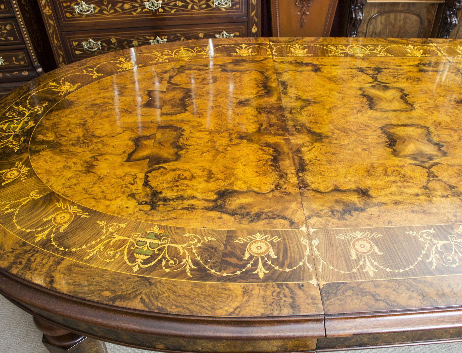 photo furniture Stunning Burr Walnut Marquetry Dining Table 10 Chairs