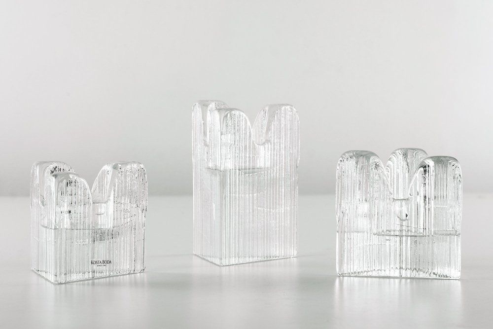Textured Ice Effect Glass Candleholders From Kosta Boda, Sweden, Set Of 3
