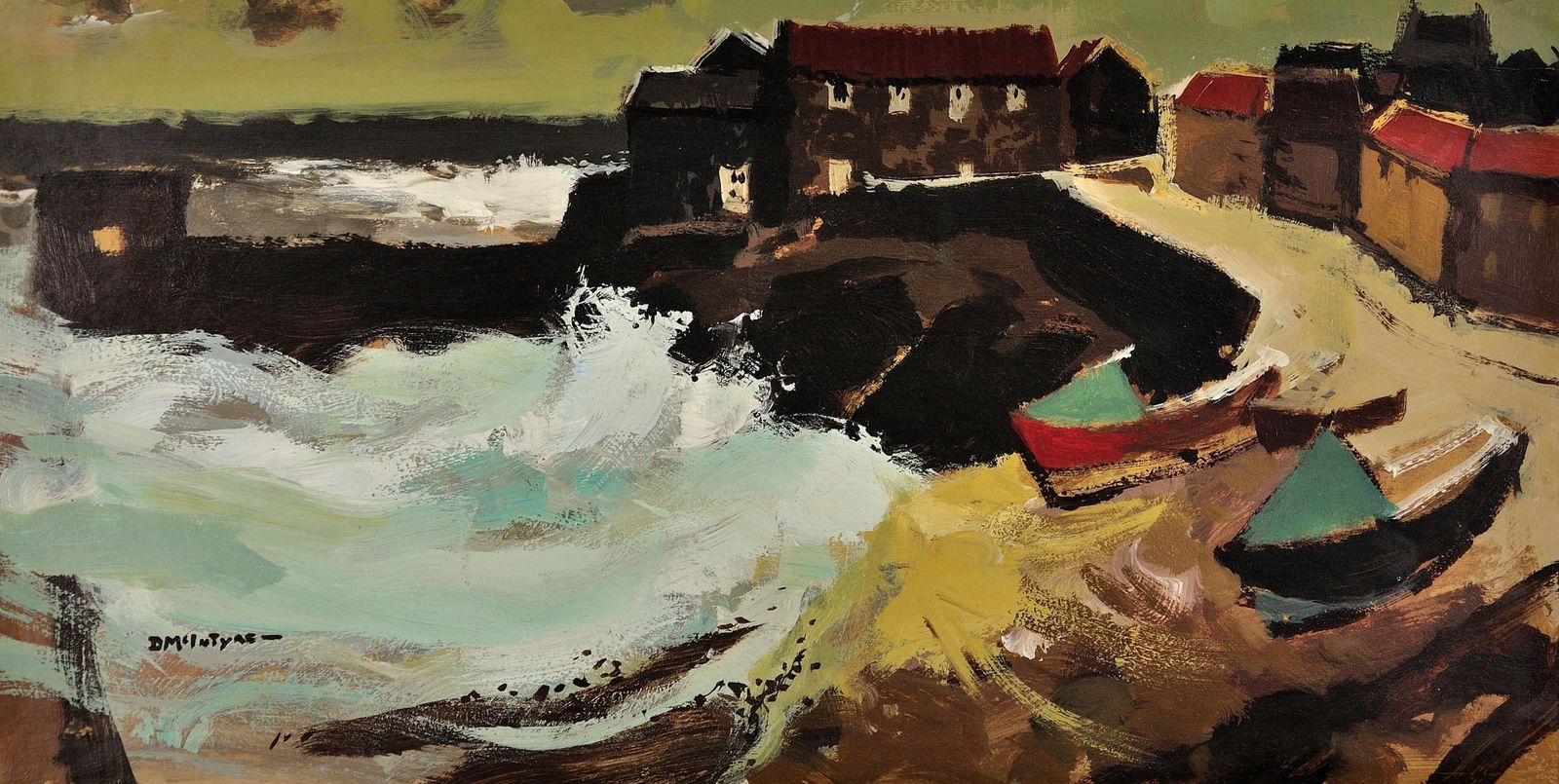 Donald Mcintyre 1923 To 2009. English. Stormy Day, Craster, Northumberland. 1970s Framed Coastal Colourist Post Impressionist Oil Painting. photo furniture