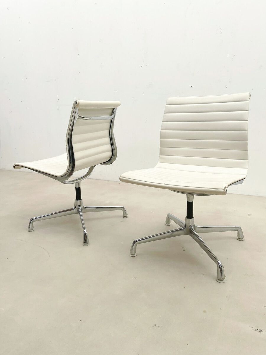 Pair Of White Vegan Leather Desk Chairs By Charles Eames For Herman Miller photo furniture