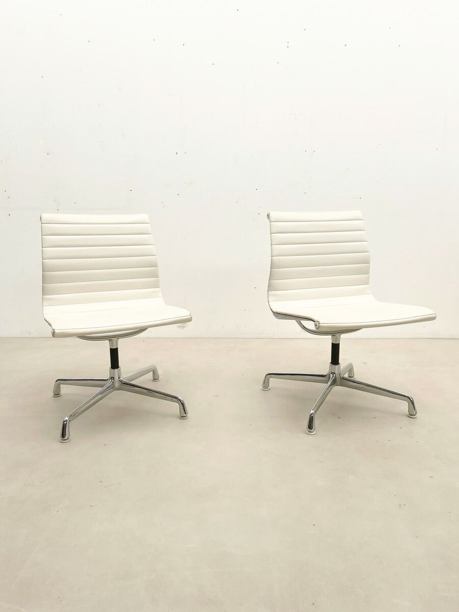 Pair Of White Vegan Leather Desk Chairs By Charles Eames For Herman Miller photo for sale