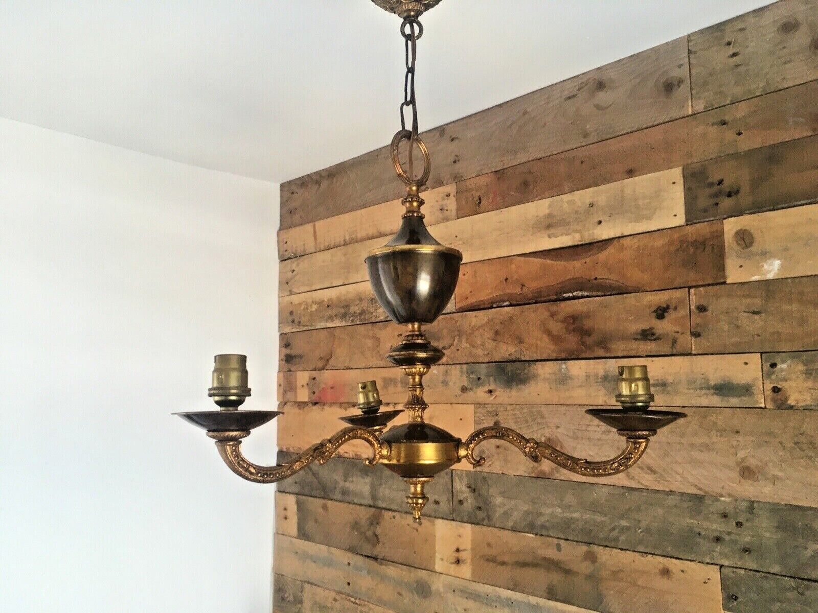 250.0 1950's French Regency Gilt Metal Toleware 3 Arm Chandelier Sconce Ceiling Light photo