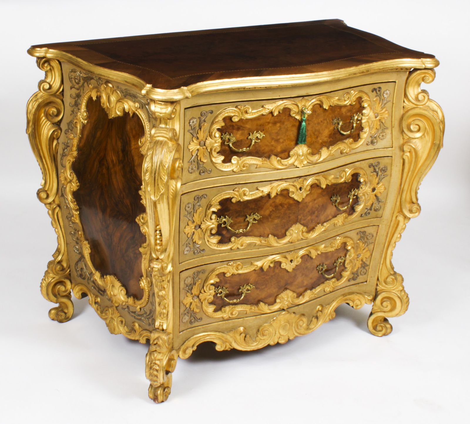 Antique Pair Venetian Walnut And Giltwood Commodes 19th C photo for sale