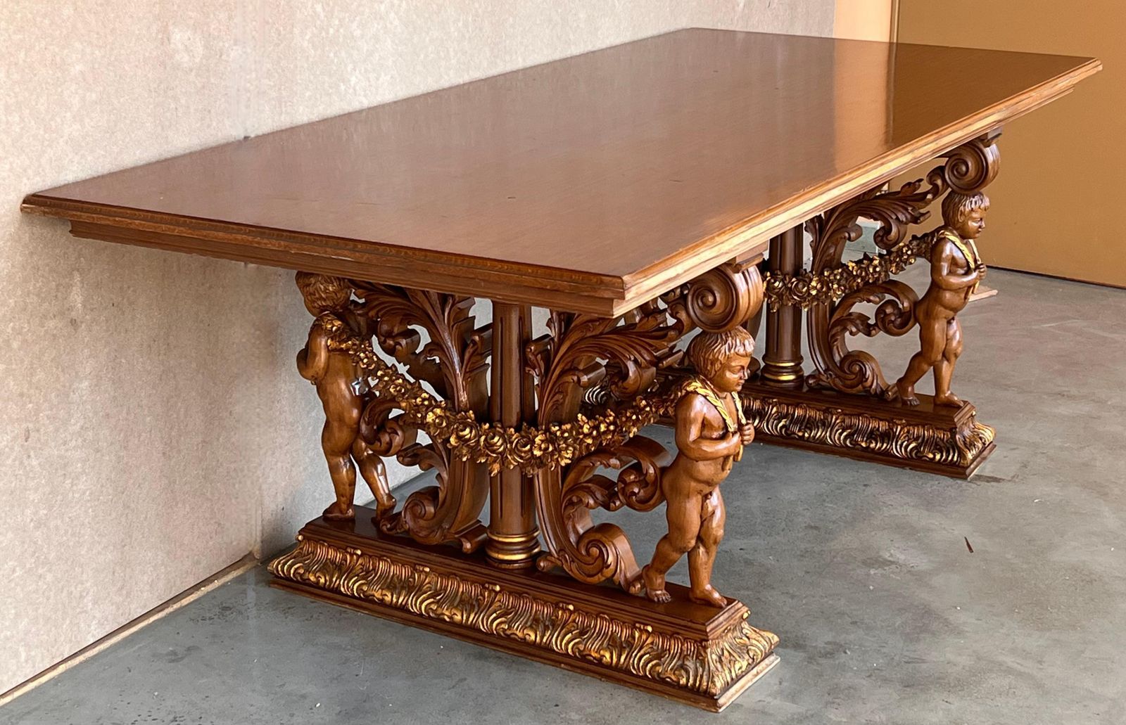Table centrale ou table à manger française en chêne blanchi et marqueterie sculptée, début du XXe siècle photo vintage