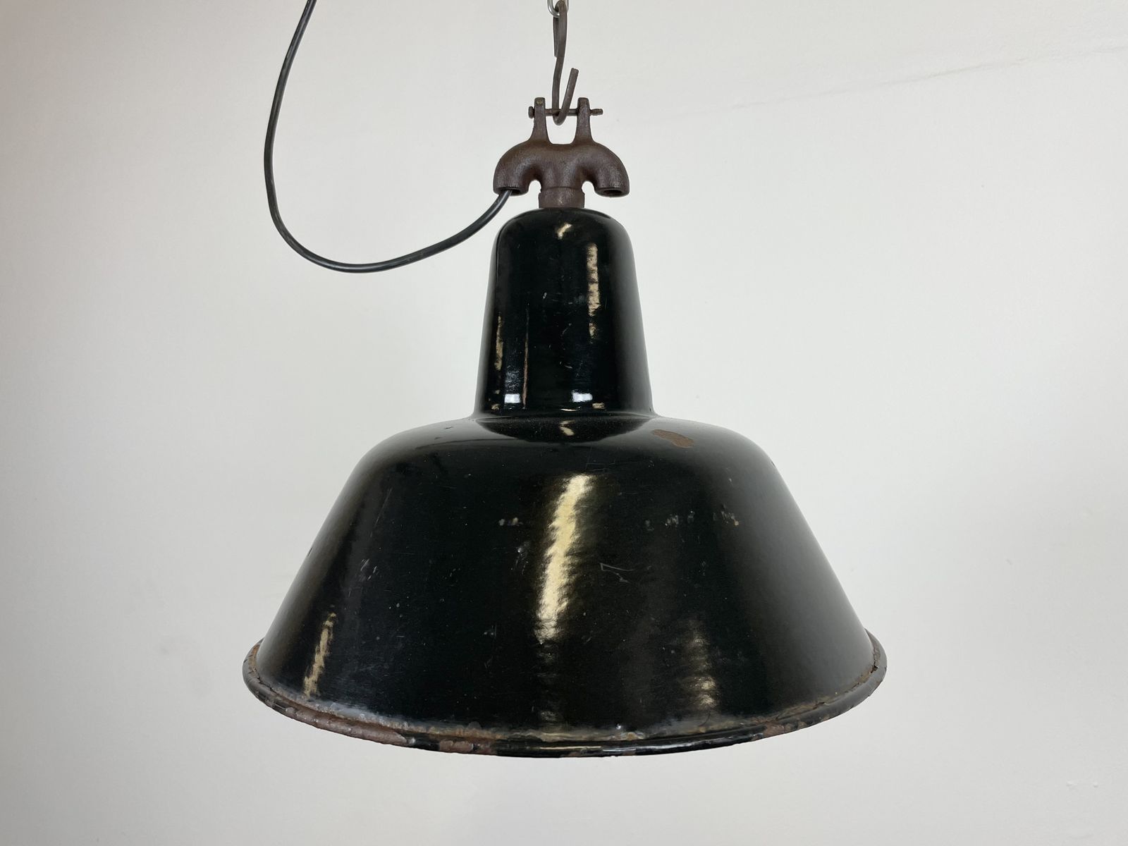 Industrial Black Enamel Factory Lamp With Cast Iron Top, 1950s photo furniture