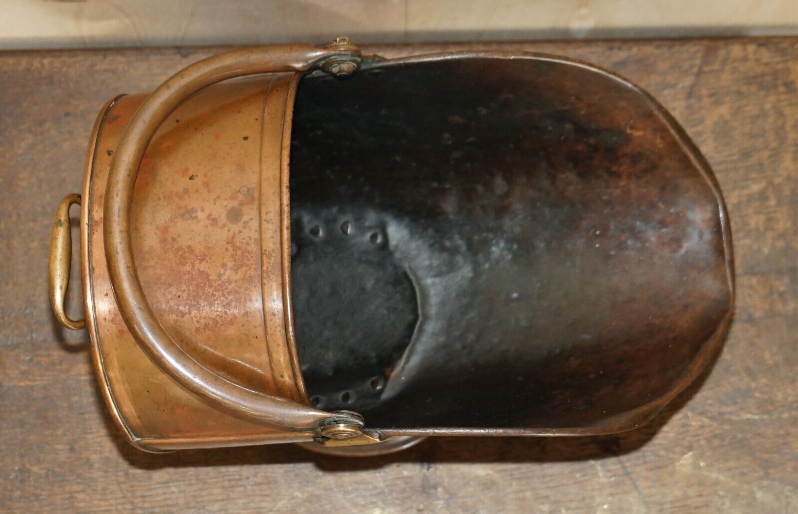 Antique Circa 1860 English Copper Coal Helmet Scuttle For Fireplaces Mantles photo vinterior