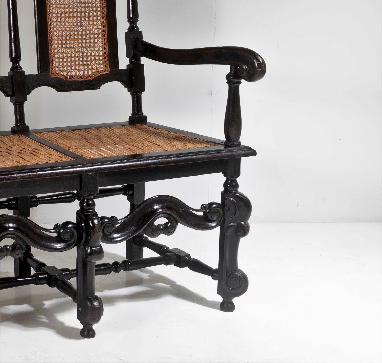 19thc Jacobean Renaissance Carved Oak High Back Cane 3 Seater Hall Bench Settee photo furniture