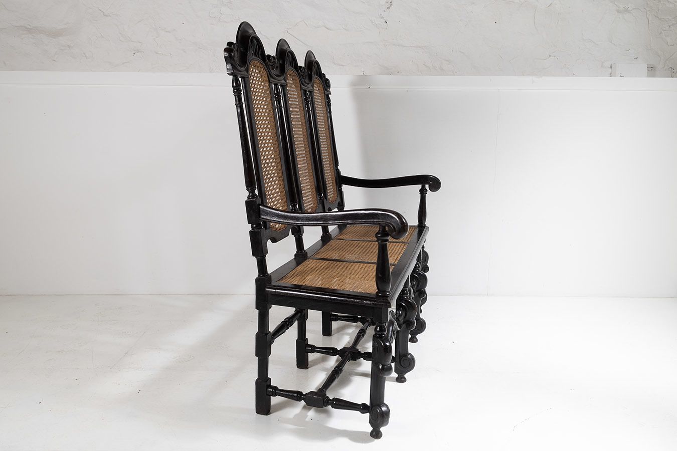19thc Jacobean Renaissance Carved Oak High Back Cane 3 Seater Hall Bench Settee photo vintage