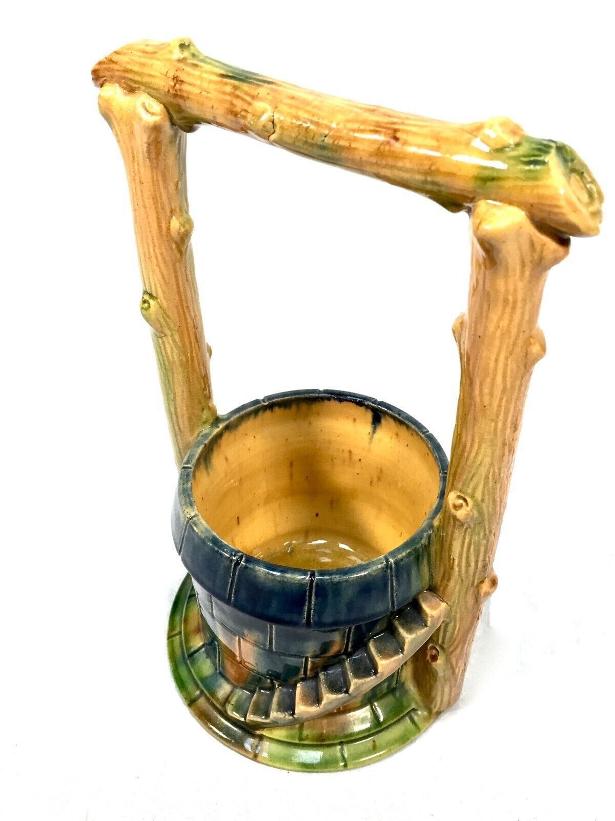 Antique Majolica Vase / Plant Pot In The Form Of A Well / Blue / Green / C.1930 photo vinterior