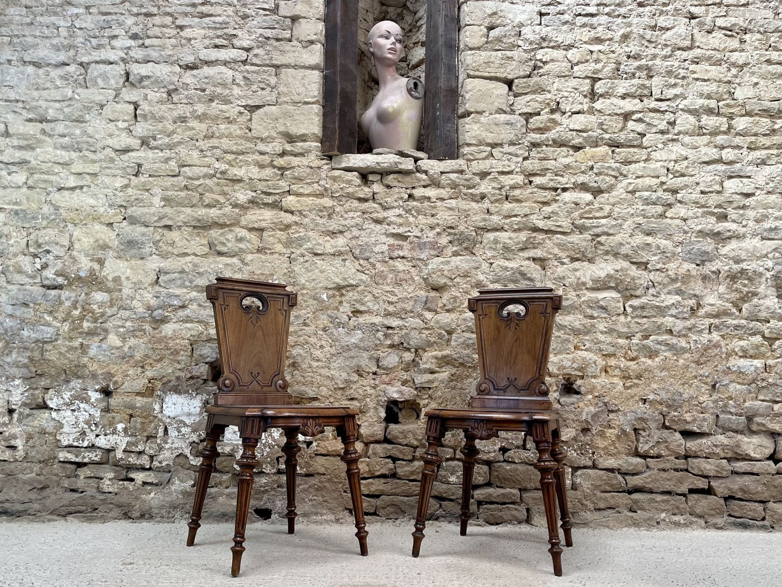Pair Of Parisian Walnut Hall Chairs.  Maison Guéret Of Paris, photo for sale