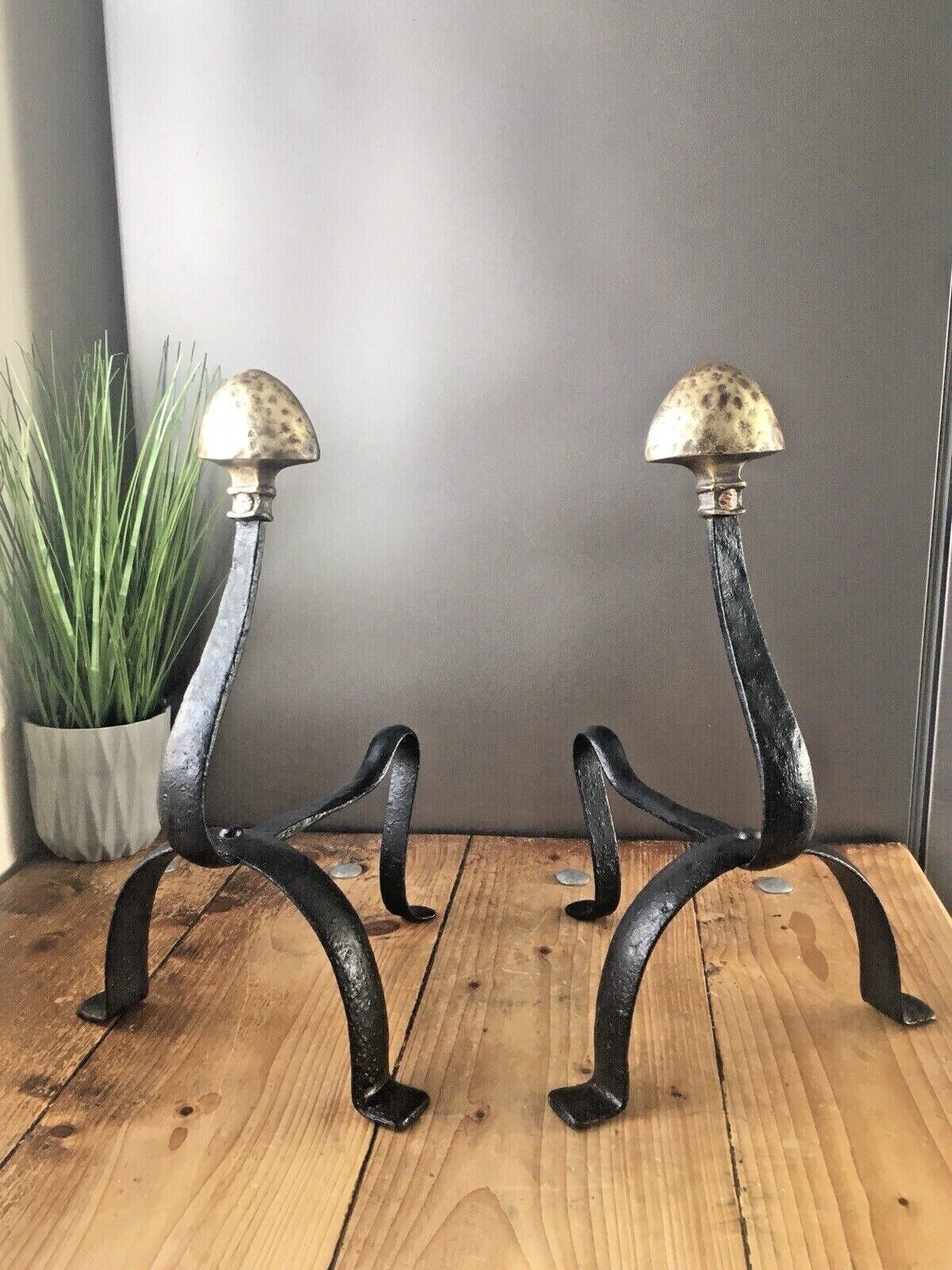 Pair Of Antique Art Nouveau Iron Brass Fireside Fire Dogs Andirons Arts & Crafts
