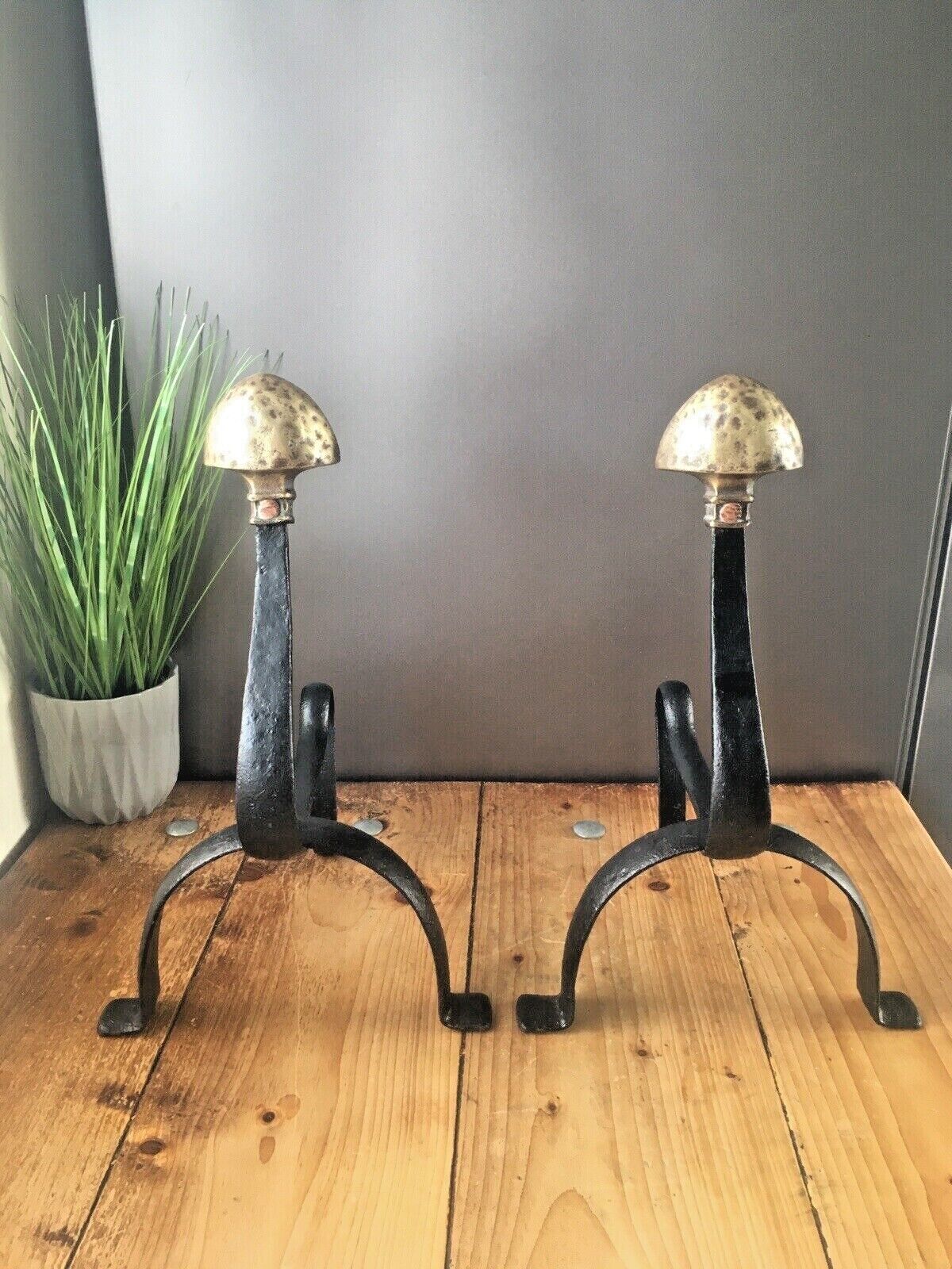 Pair Of Antique Art Nouveau Iron Brass Fireside Fire Dogs Andirons Arts & Crafts photo furniture