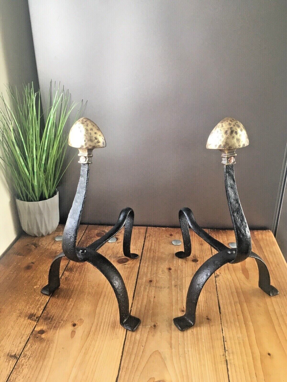 Pair Of Antique Art Nouveau Iron Brass Fireside Fire Dogs Andirons Arts & Crafts photo buy