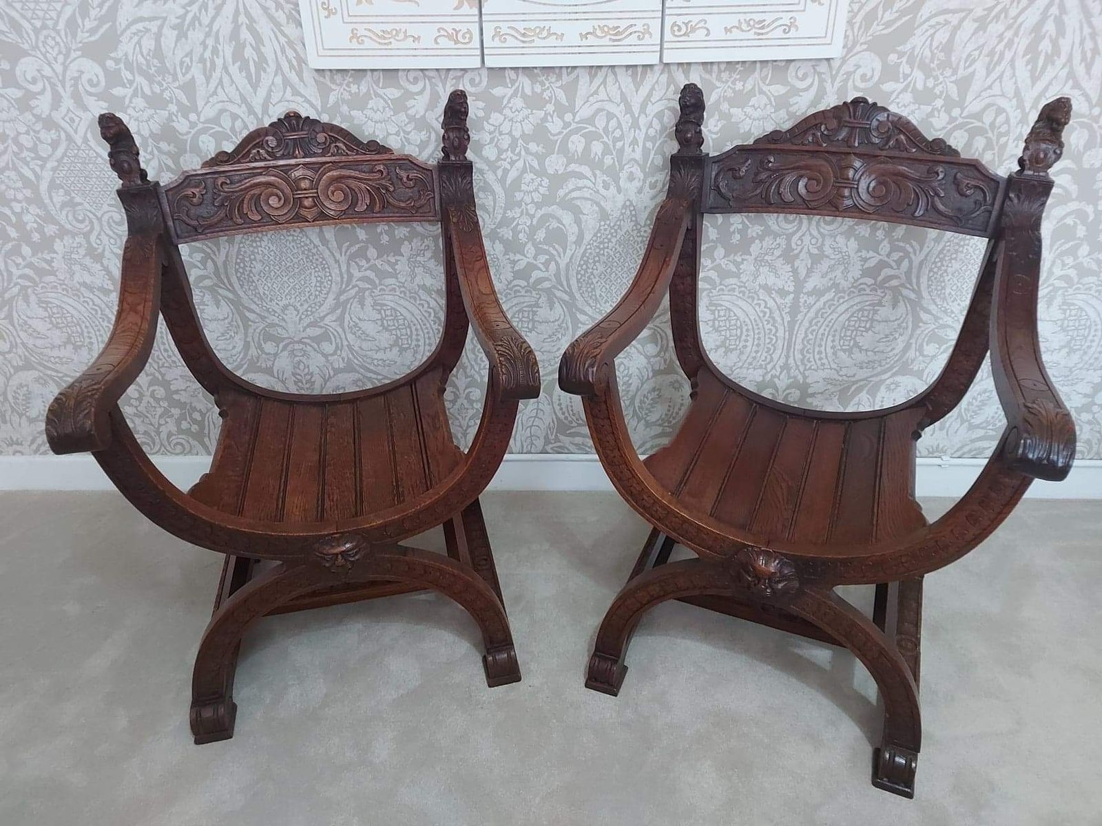 Antique 19th Century Oak Lion Shield Italian Dante Savonarola  Renaissance  Chairs photo furniture