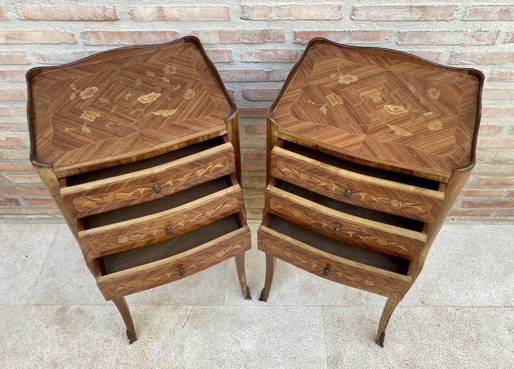 French Nightstands In Walnut With Three Drawers, 1940s, Set Of 2 photo vintage