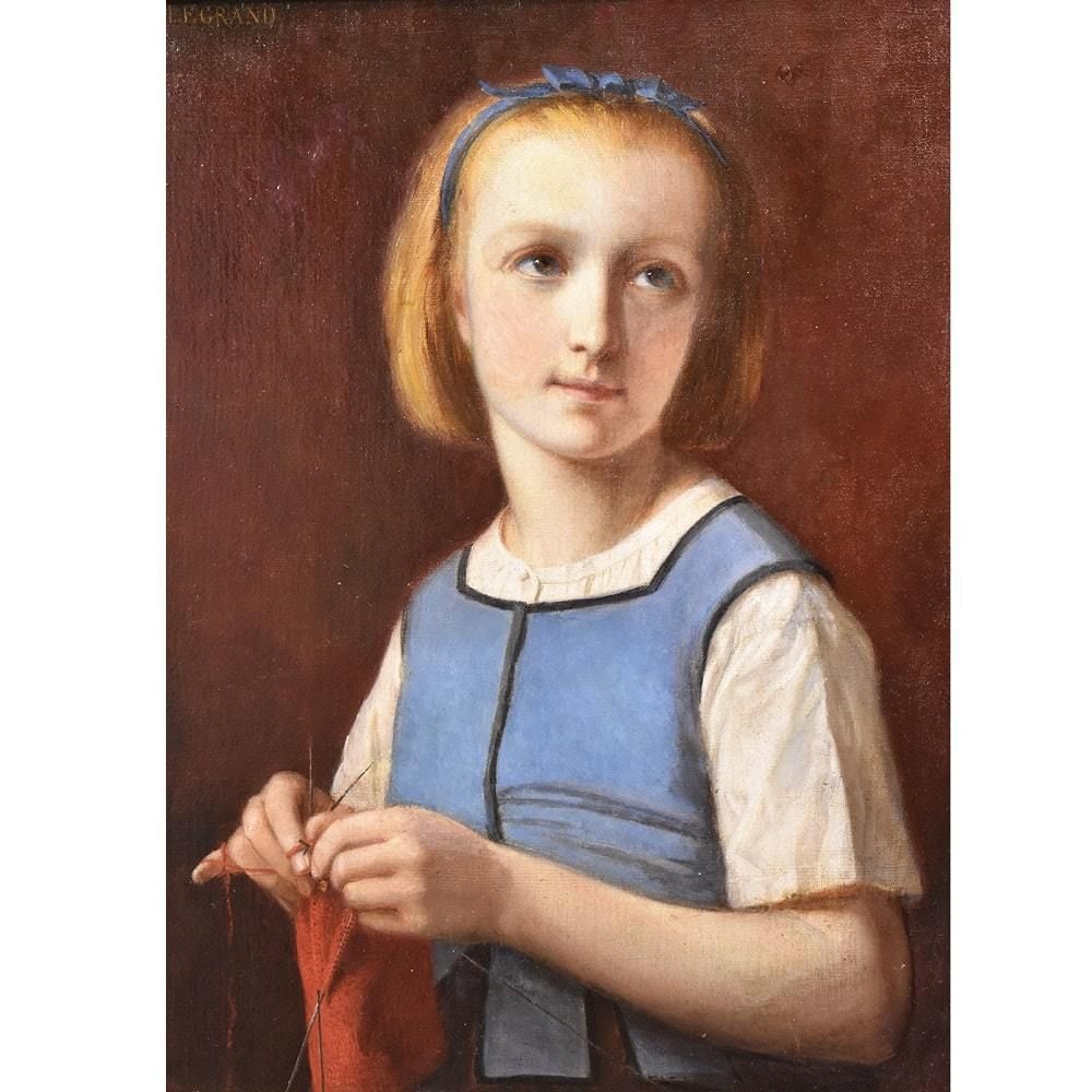 Antique Young Woman Who Sews, Portrait Painting, Oil On Canvas, XIX Century. (Qr436) photo furniture