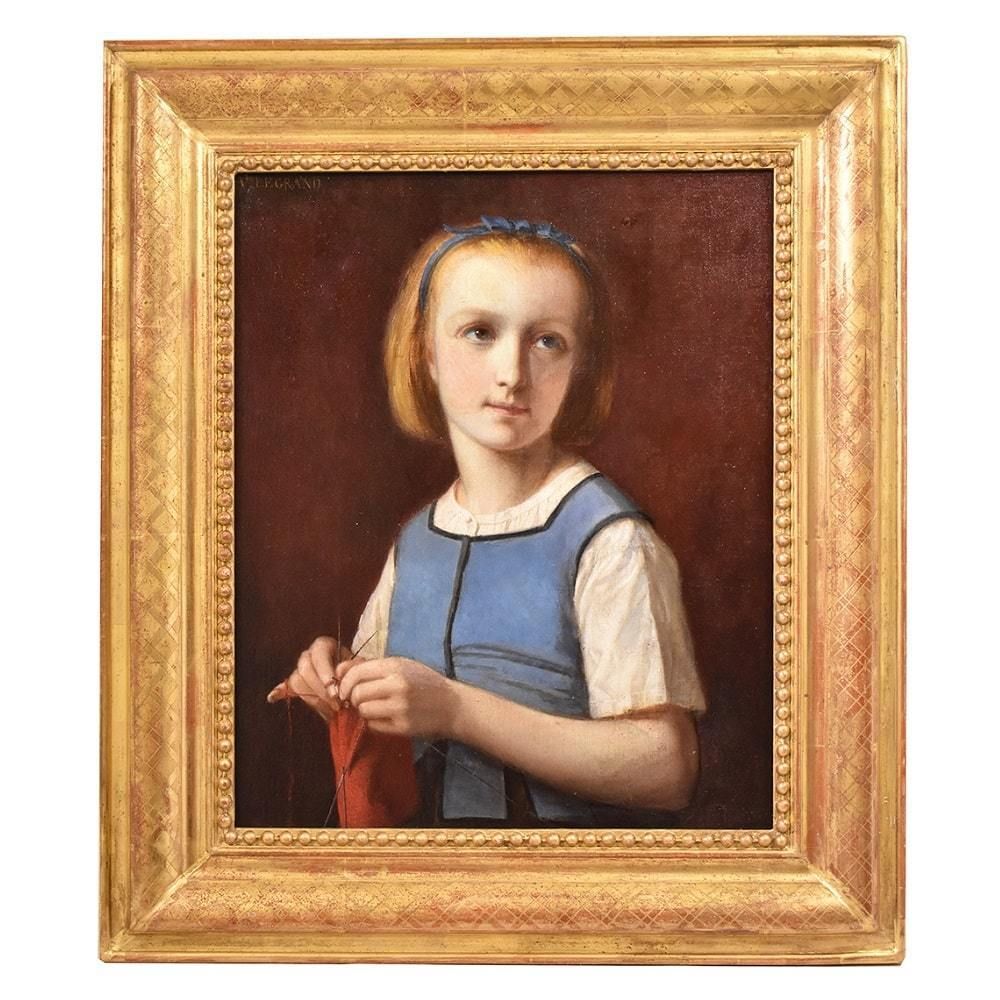 Antique Young Woman Who Sews, Portrait Painting, Oil On Canvas, XIX Century. (Qr436)