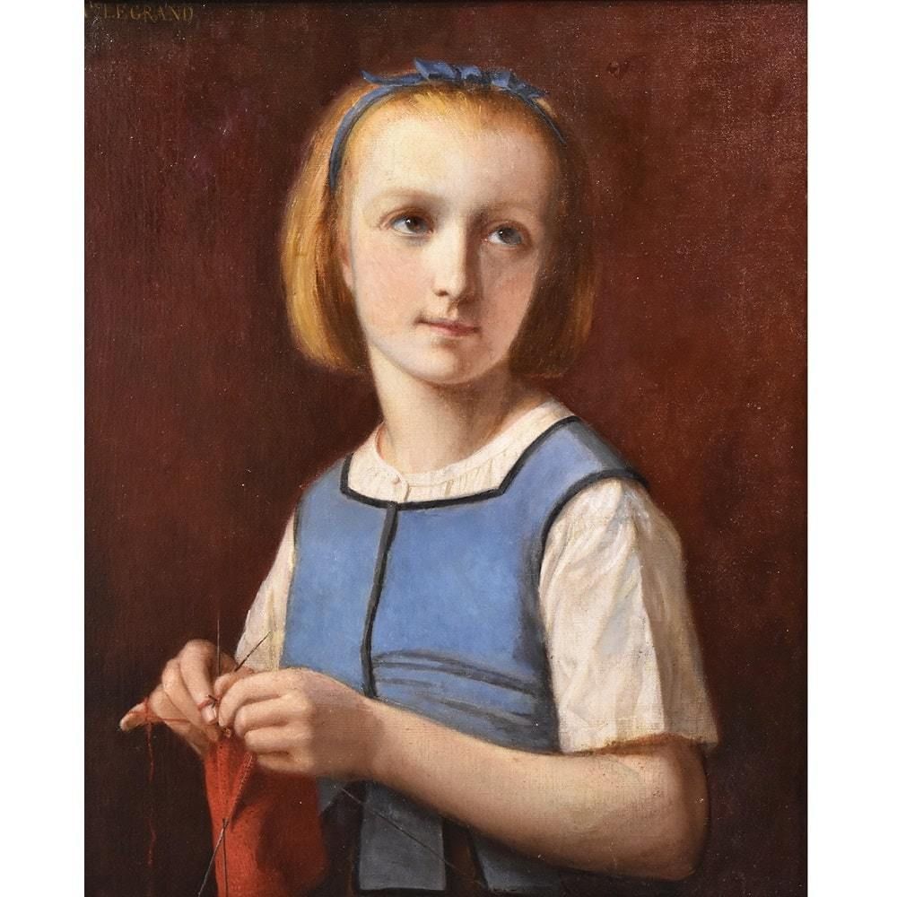 Antique Young Woman Who Sews, Portrait Painting, Oil On Canvas, XIX Century. (Qr436) photo for sale