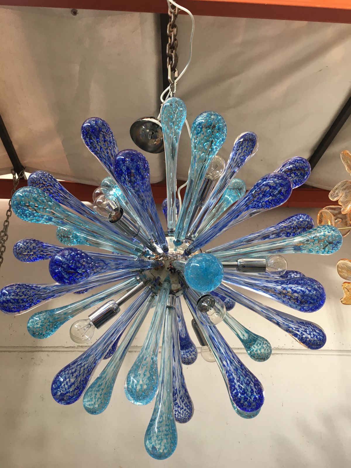Murano Glass Sputnik Chandelier With Blue Air Drops And Kromo Metal Frame photo vintage