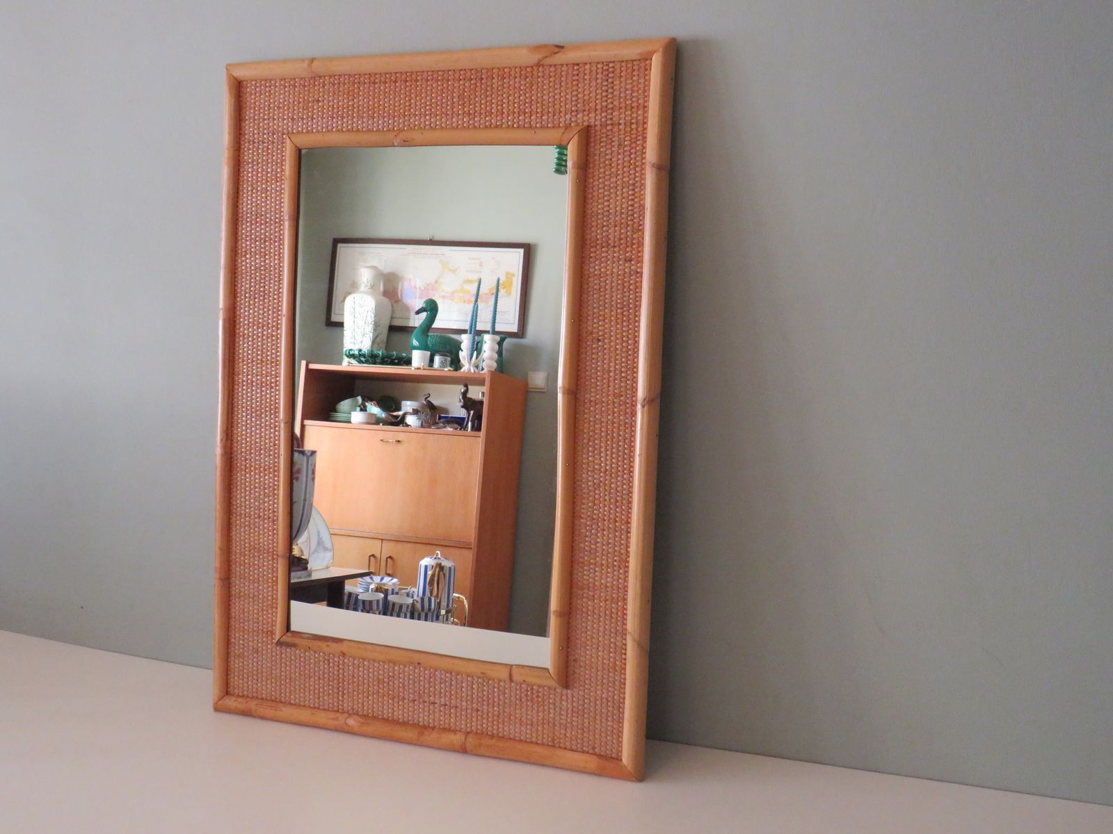 Large Mid Century Vera Dal Italian Wall Mirror In Bamboo And Cane.