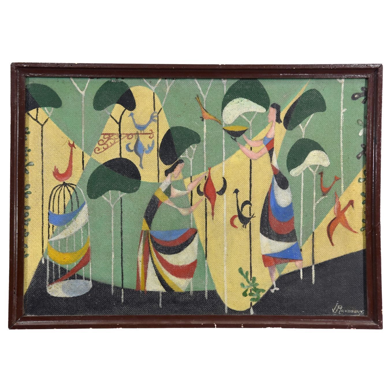 Genre Scene Oil On Isorel With Women And Birds Signed J. Ravenau