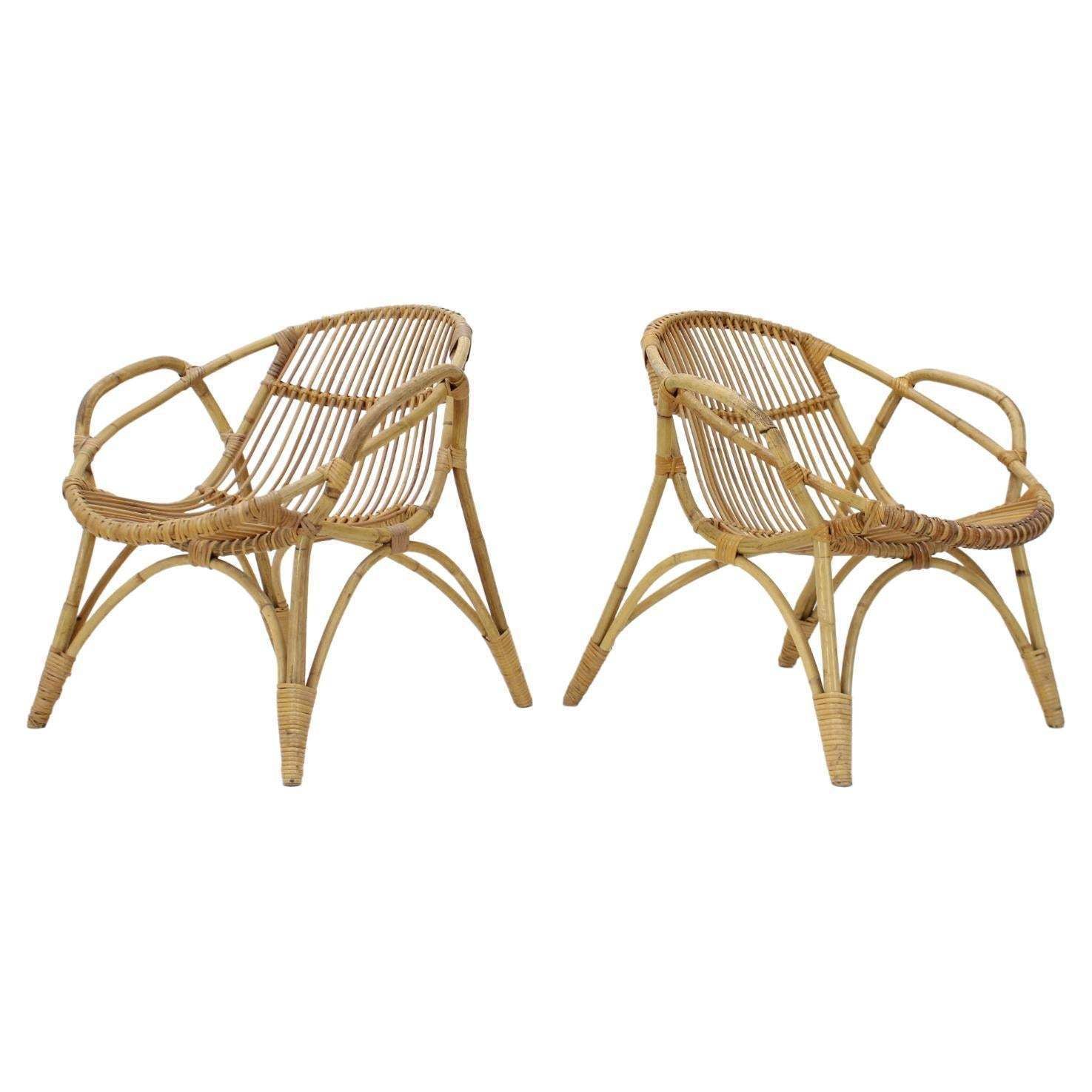 1960s Pair Of Alan Fuchs Rattan Lounge Chairs, Czechoslovakia