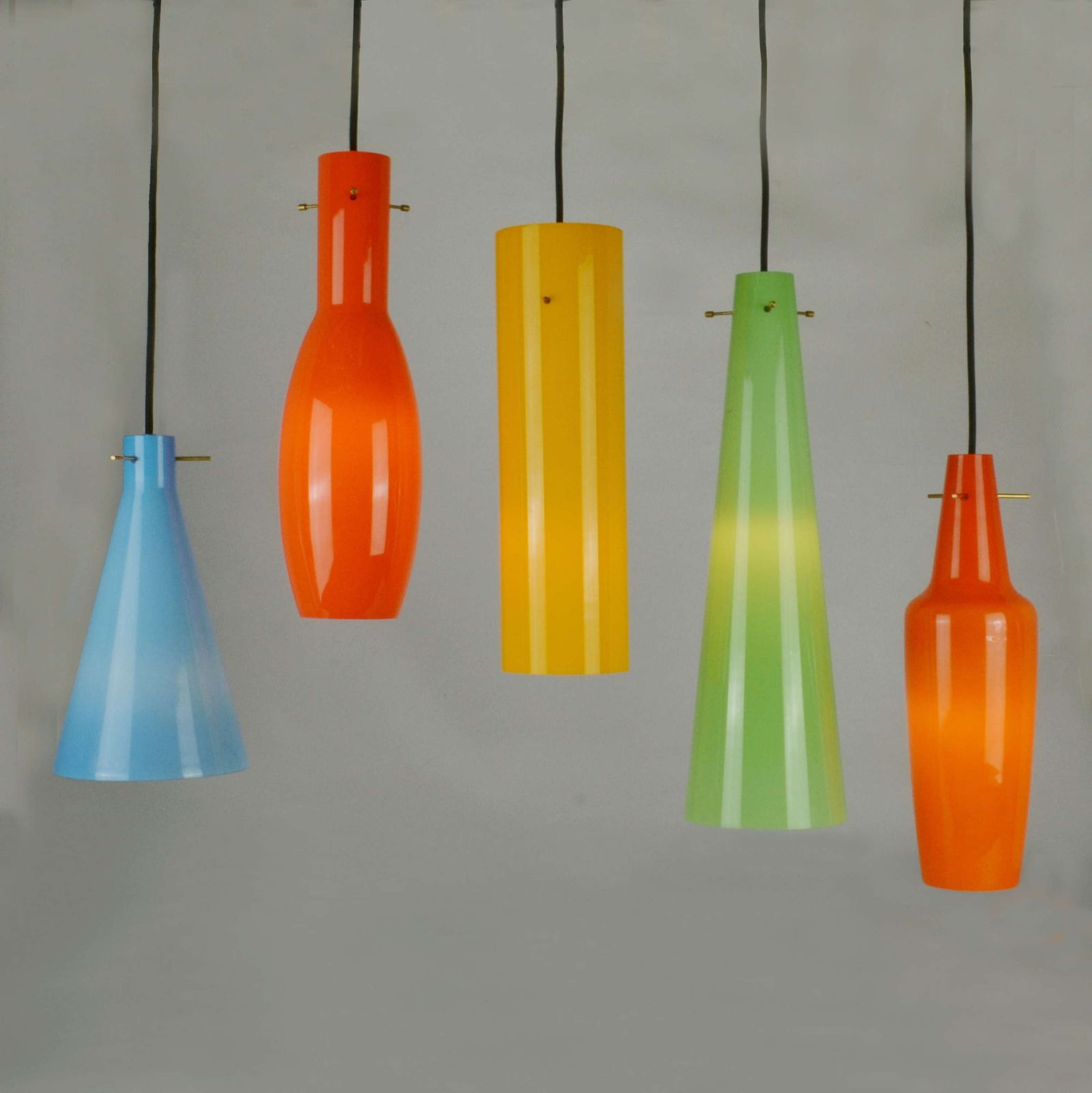 Set Of Five Color Glass Vistosi Murano 1950's Pendants photo for sale