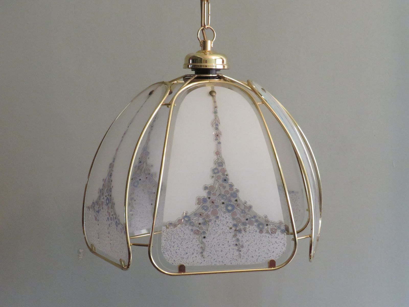 photo for sale Pendant In Gilt Metal And Murano Glass Panels By Eglo Leuchten Austria 1970
