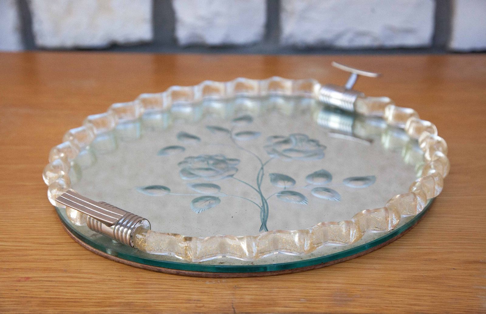 Murano Tray Engraved Flower Motifs, Twisted Glass Glittered Gold, Mirror Tray, Art Deco Handles, Boudoir, Art Of Glass, Collection, 50's