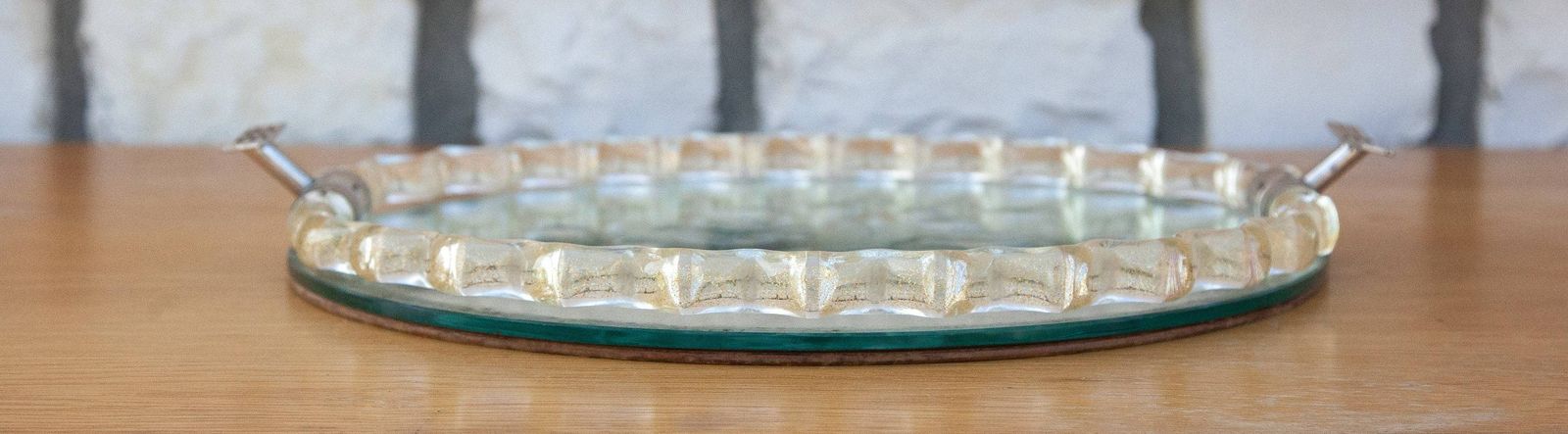 Murano Tray Engraved Flower Motifs, Twisted Glass Glittered Gold, Mirror Tray, Art Deco Handles, Boudoir, Art Of Glass, Collection, 50's photo furniture